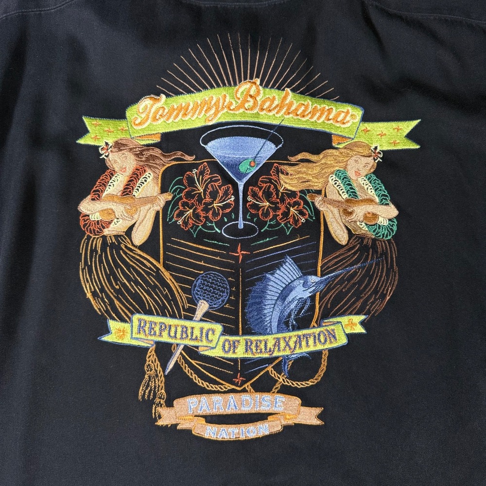 Tommy Bahama Silk Camp Shirt Republic of Relaxation Embroidered Medium Black Men
